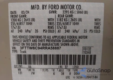 2024 Ford Maverick Xlt z USA, uszkodzony, nr VIN 3FTTW8C94RRA58887